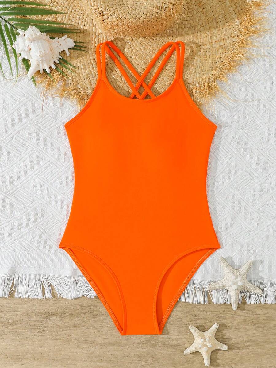 SHEIN 少女款一件式泳衣,可調節交叉肩帶,適合游泳、夏季度假、海灘與海邊使用 - 橘色 - 查看 1