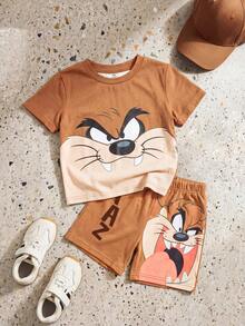 LOONEY TUNES X SHEIN GraphicGems 男婴卡通印花T恤短裤两件套，夏季 - 棕色 - 查看 1