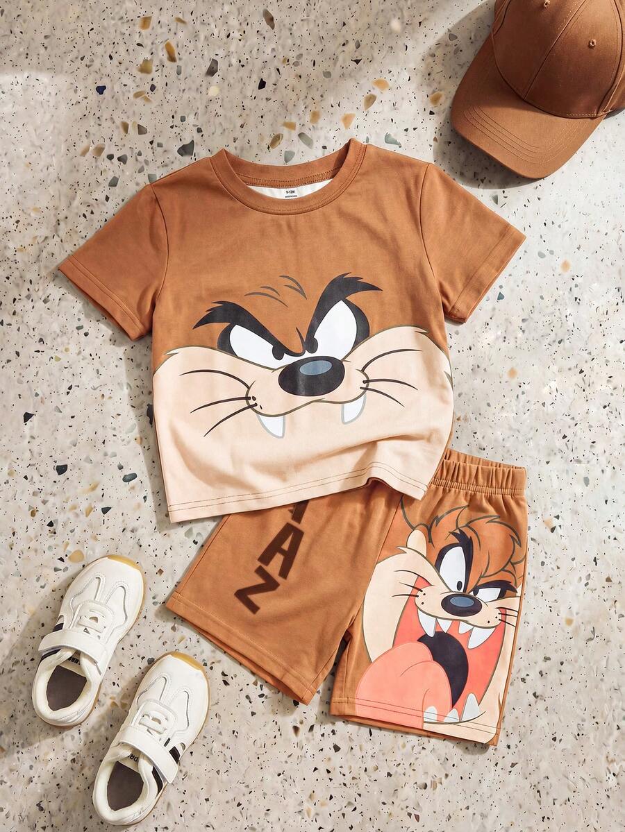 LOONEY TUNES X SHEIN GraphicGems 男婴卡通印花T恤短裤两件套,夏季 - 棕色 - 查看 1