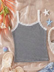 SHEIN Sparklyn 青少年女孩春夏時尚可愛舒適波浪圖案吊帶背心上衣附蝴蝶結，適合外出與聚會 - 彩色 - 查看 2