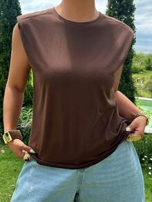 Dazy Plus Solid Color Casual Round Neck Sleeveless Blogger Style Versatile Plus Size Women Spring Summer Brown T-Shirt - Brown - View 7