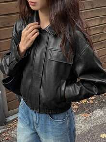 DAZY 春季新款磨損皮革短夾克 情人節女款常規外套 - 黑色 - 查看 5