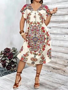 EMERY ROSE Plus Size Women Floral V-Neck Short Sleeve Elegant Boho Dress Summer Spring Clothing Country Style Vacation Beige - Multicolor - View 5