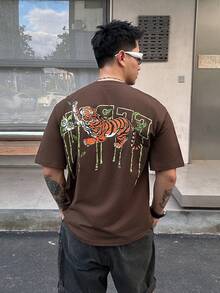 DAZY Kaos Pria Lengan Pendek Longgar dengan Cetakan Huruf Warna Kontras, Kaos Grafis Musim Panas - Coklat - View 5
