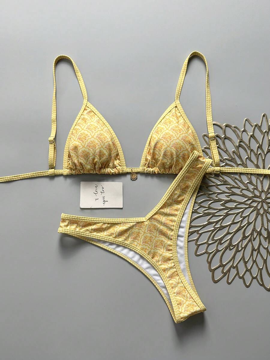 Swim Mod Springbreak 女式夏季花卉印花细肩带上衣和高腰比基尼下装海滩装 - 黃色 - 查看 1