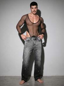 DSELFIQUE Pantalones anchos y sueltos con lavado degradado y adornos de rhinestones para hombres, estilo callejero estadounidense de alta calle - Negro - Ver 1