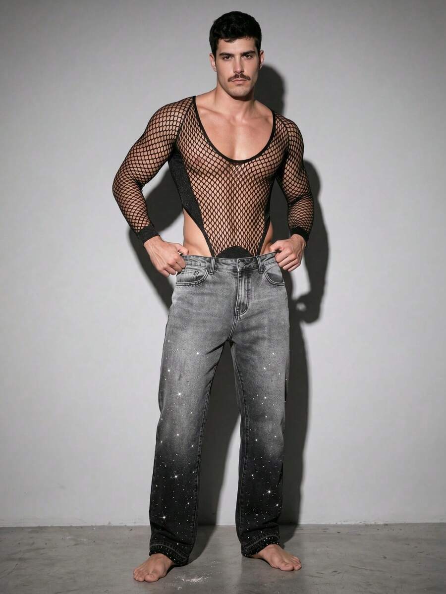 DSELFIQUE Pantalones anchos y sueltos con lavado degradado y adornos de rhinestones para hombres, estilo callejero estadounidense de alta calle - Negro - Ver 1