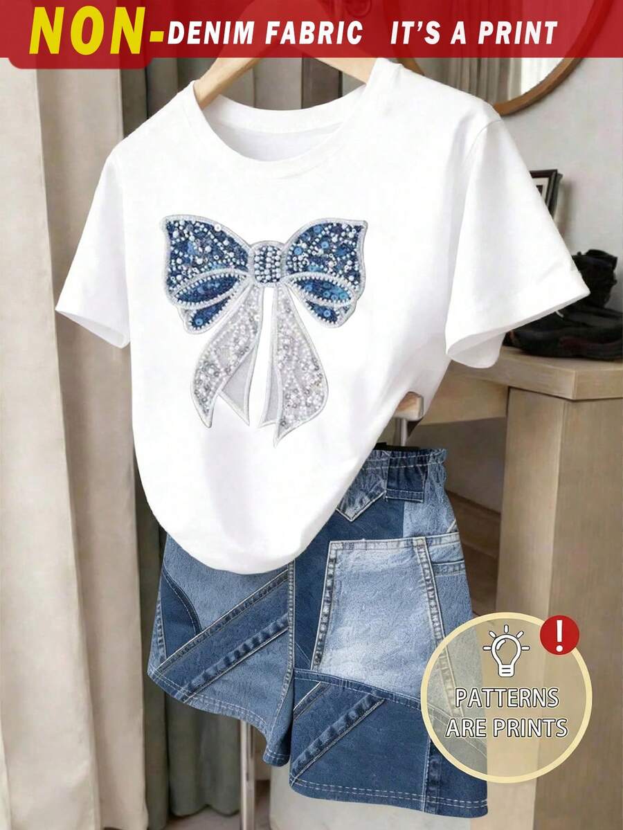 SHEIN 青少年女孩 T 恤與短褲套裝,休閒街頭風蝴蝶結印花復古牛仔效果 T 恤與短褲套裝,2 件套,舒適百搭適合日常穿著 - 彩色 - 查看 1