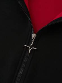 ROMWE MEN Street Life Spring/Summer Casual Graphic Men's Retro Color Block Patchwork Hoodie With Fluffy Collar, Y2K - Black - View 4