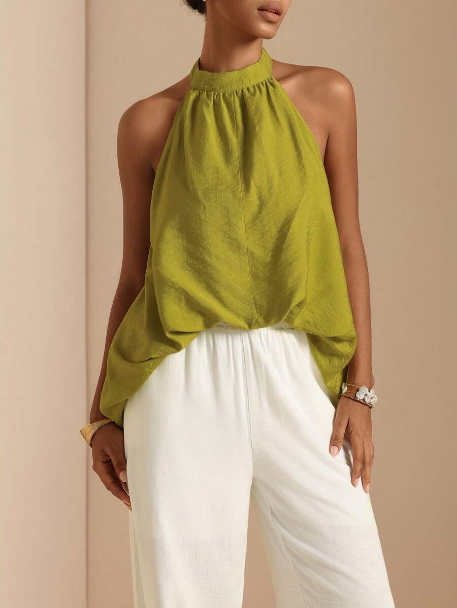 Vesra Women's Green Halter Neck Ruched Loose Sleeveless Vacation Tank Top/Blouse - Green - View 1