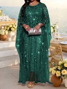 Fleurora Plus Size Elegant Formal Elegant Party Evening Wedding Sequin Embroidered Mesh Dress Dark Green Summer - Dark Green - View 5