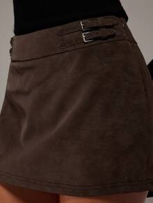 SHEIN BAE Women's Dark Brown Fashion Sexy 1960s Vintage Party Bar PU Leather Belt Buckle Ultra Low Waist Mini Skort, Nightclub Leggings, Suede Skirt, Autumn - Brown - View 6