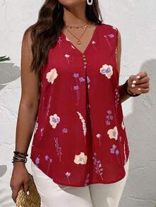 EMERY ROSE Plus Size Summer Countryside V-Neck Floral Printed Summer Sleeveless Blouse, Casual - Burgundy - View 4
