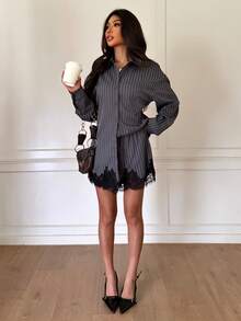 Siren Gaze Ensemble 2 pièces décontracté pour femme avec top à manches longues à rayures simple boutonnage et short avec bordure en dentelle pour le quotidien - Multicolore - Voir 10