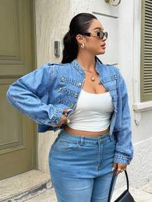 Rivivi Plus Size Women's Fashion Casual Button Design Denim Jacket - Medium Wash - View 5