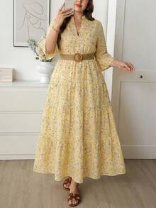 Comfylo Ditsy Floral 3/4 Sleeve Patchwork Tiered Maxi Dress Plus Size - Yellow - View 6