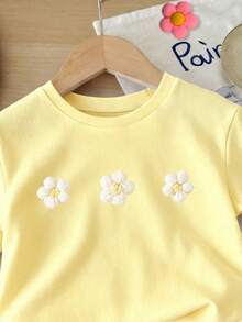 [1件]女童黃色雛菊刺繡短袖上衣 + 格紋短褲套裝，休閒兩件式套裝，適合學校 / 出遊，夏季 / 春秋 - 彩色 - 查看 5