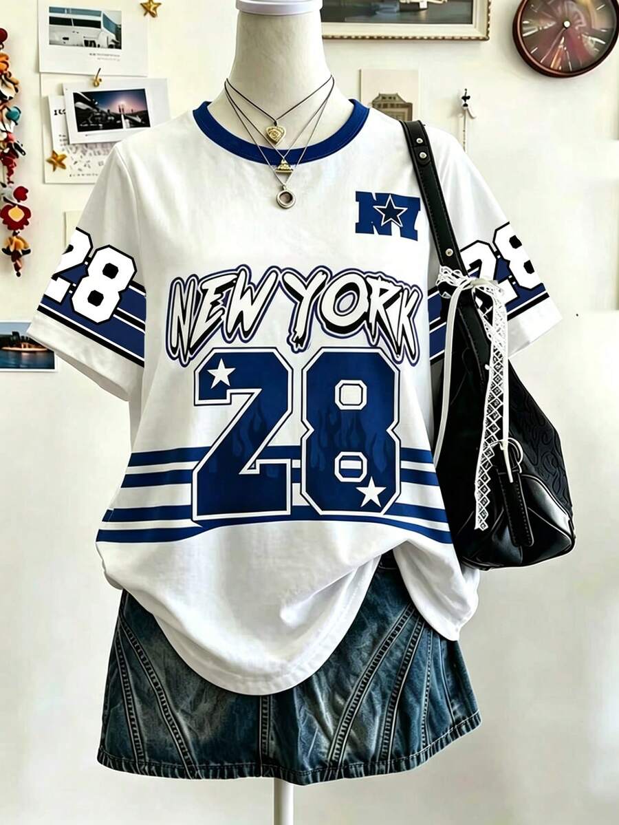 SHEIN 青少年女孩數位英文數字圖案短袖T恤，春夏休閒舒適時尚風格，適合外出、戶外運動圖案設計，完美適用於戶外野餐、街頭攝影、居家、校園、節慶、禮物、日常穿著，極簡風格，四季皆宜，返校季