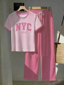 SHEIN EZwear 2件組刺繡圓領短袖上衣與條紋印花長褲，休閒風 - 紅色 - 查看 5