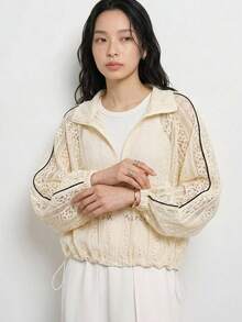 FRIFUL 女款翻領開襟滿版蕾絲燈籠袖寬鬆外套上衣 - 米色 - 查看 13
