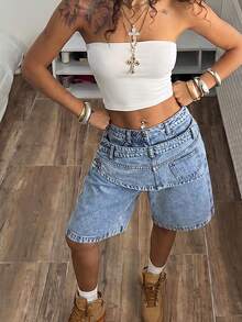 StreetHx Women's Deconstructed Design Pocket Loose Casual Streetwear Knee Length Denim Shorts Everyday Light Blue Summer - Blue - View 5