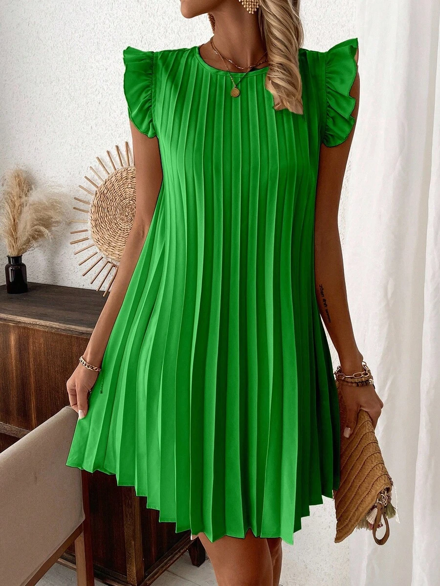 EMERY ROSE Women's Solid Color Round Neck Flutter Sleeve Pleated Casual Vacation Dress - Green - View 1