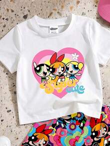 THE POWERPUFF GIRLS X SHEIN GraphicGems 1 طقم تي شيرت كاجوال لطيف بطبعة كرتونية برقبة دائرية وأكمام قصيرة مع شورت بطبعة كاملة للبنات الرضع - متعدد الألوان - مشاهدة 3
