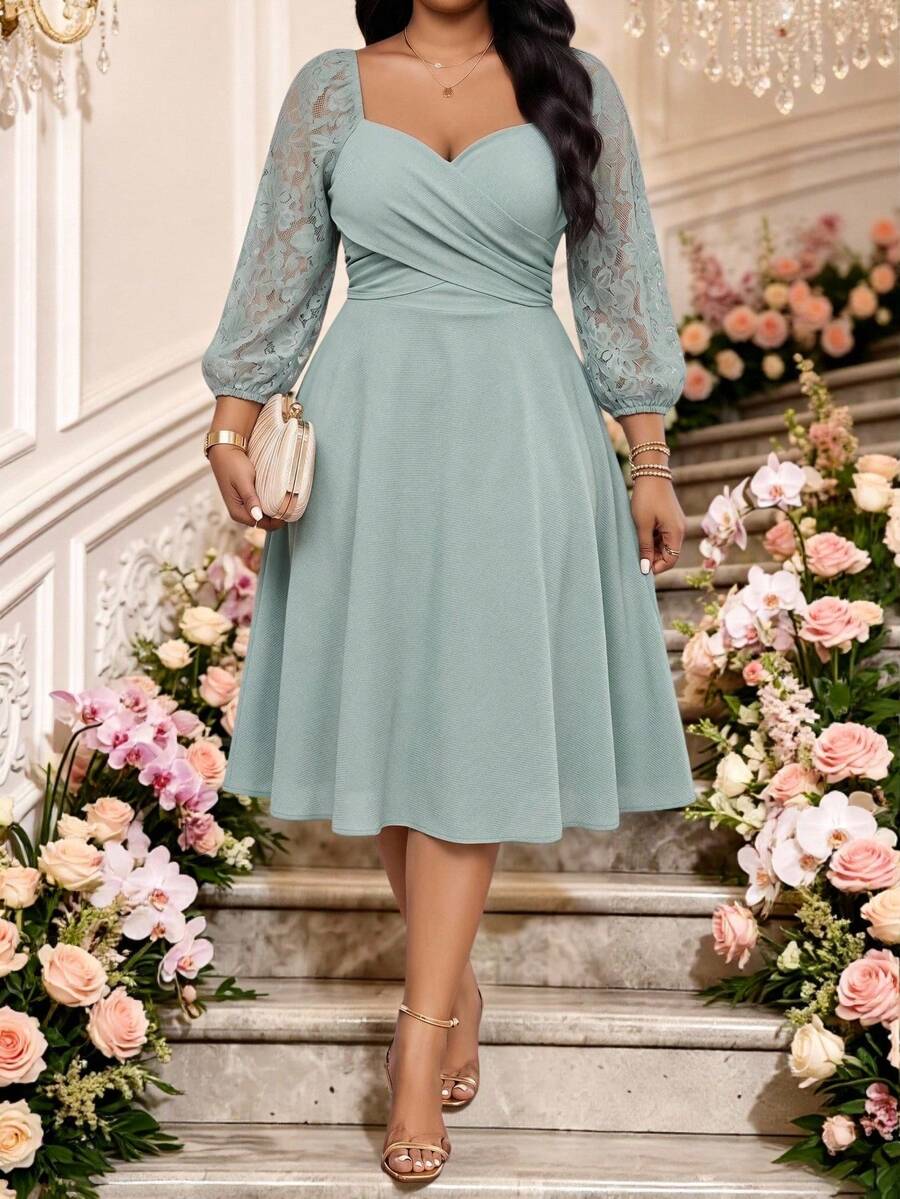 Fleurora Salbeigrün, Sommer, Elegant, Hochzeitsgast Große Größen Kleid für Frauen, Kontrastspitze Herz-Ausschnitt Laternen 3/4 Ärmel Midi Ausgestellt Büro Arbeitskleid - Kadettenblau - Übersicht 1