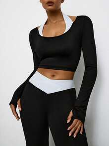 Levarali Women's Plus Size Halter Neck 2 In 1 Patchwork Long Sleeve Top And Flared Leggings Casual Daily Sports Set Gym Black And Gold White Autumn Fall - Black and White - View 3