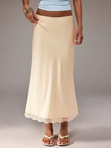 SHEIN BAE Women's Beige/Cream Solid Color Lace Trim Spliced Midi Satin Skirt, Suitable For Vacation, Beach Date, Party, Brunch, Commute, Wedding Guest Wear. - Apricot - View 1