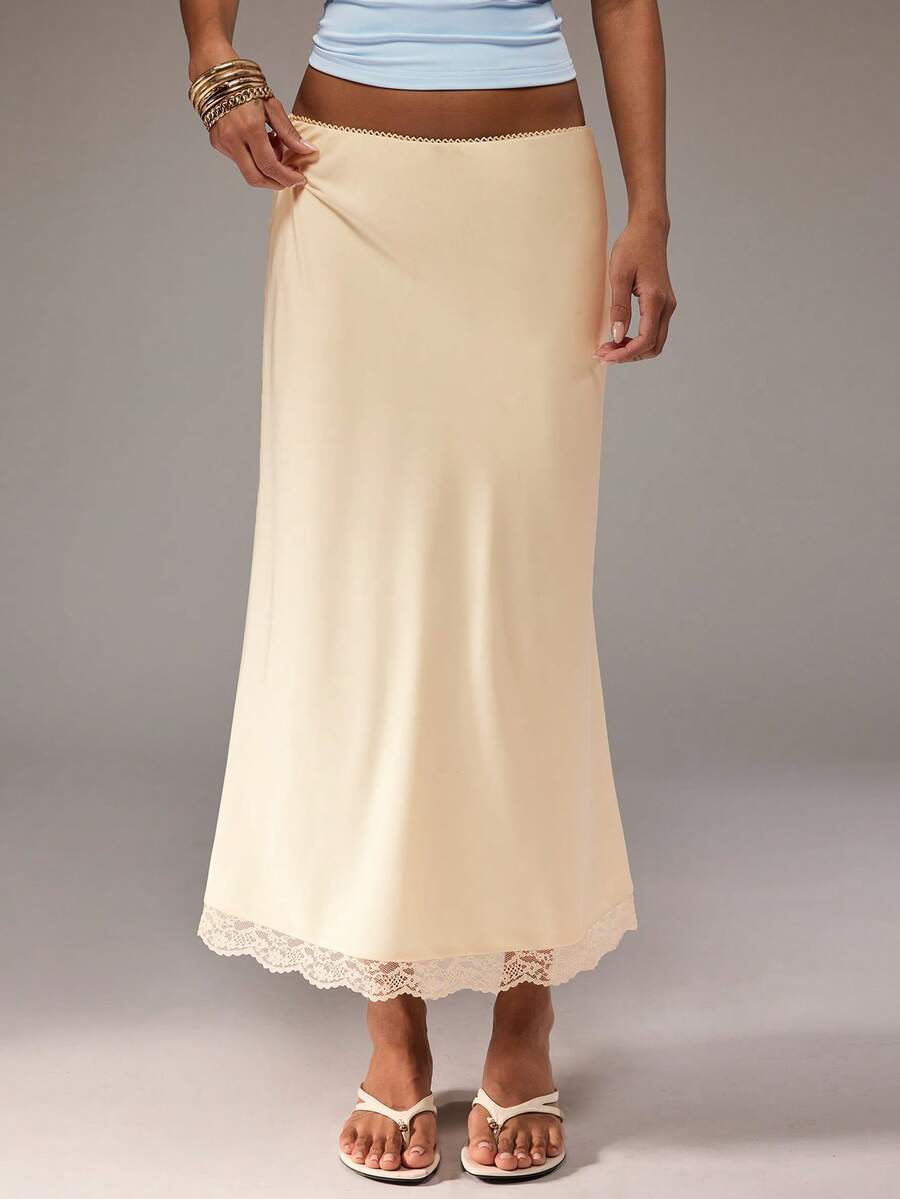 SHEIN BAE Women's Beige/Cream Solid Color Lace Trim Spliced Midi Satin Skirt, Suitable For Vacation, Beach Date, Party, Brunch, Commute, Wedding Guest Wear. - Apricot - View 1