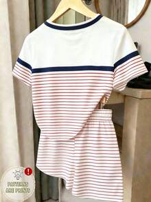 1 Set Tween Girls Casual Comfortable Fashion Minimalist Striped Bow Print T-Shirt And Shorts Outfit, Summer Suitable For Outings, Colorblock Striped Set - Multicolor - View 2