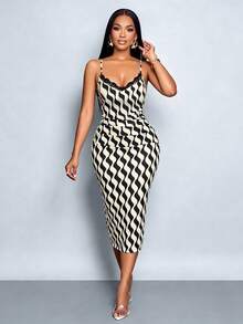 SOLERSUN Women's Spring/Summer Elegant Wavy Stripe Print Slim-Fit Cami Dress With Lace Trim - Street Fashion, Festive Business Casual, Beige - Black and White - View 3