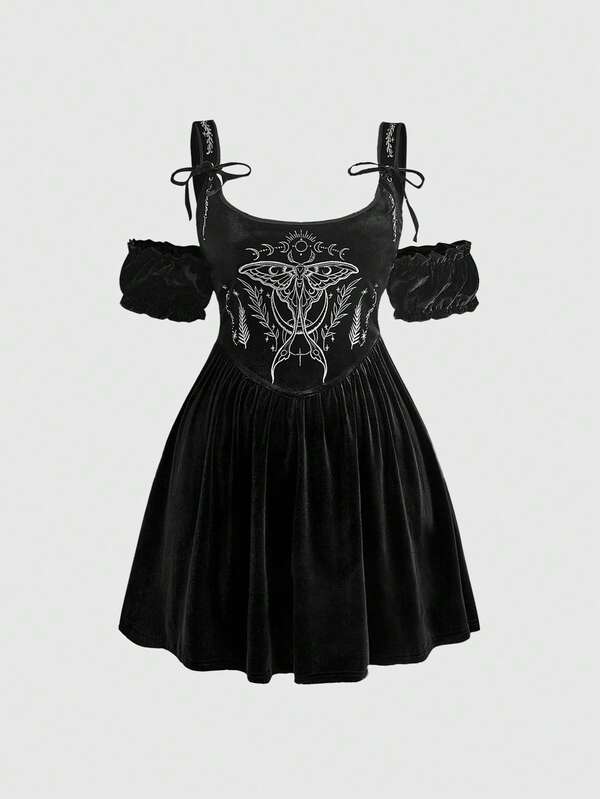 ROMWE Plus Size Dark Gothic Mori Style Moth Embroidery Colorblock Court Style Square Neck Fitted Velvet Dress