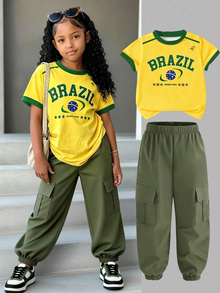 Conjunto de camiseta de cuello redondo con letra Brasil verde de moda vintage, adecuado para uso diario, conjunto de 2 piezas para niñas, conjunto casual, ambiente casual, comodidad fácil, conjunto de niña con estilo, nuevo estilo, relajado relajado - Multicolor - Ver 1