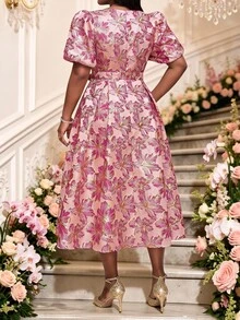 Fleurora Vestido de fiesta elegante de jacquard para tallas grandes - Rosa Fucsia - Ver 2