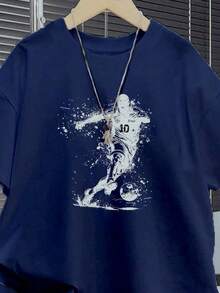 两件套男童休闲简约圆领短袖短裤套装，适合夏季穿着，经典运动足球运动员图案印花，适合足球运动 - 藏蓝色 - 查看 3