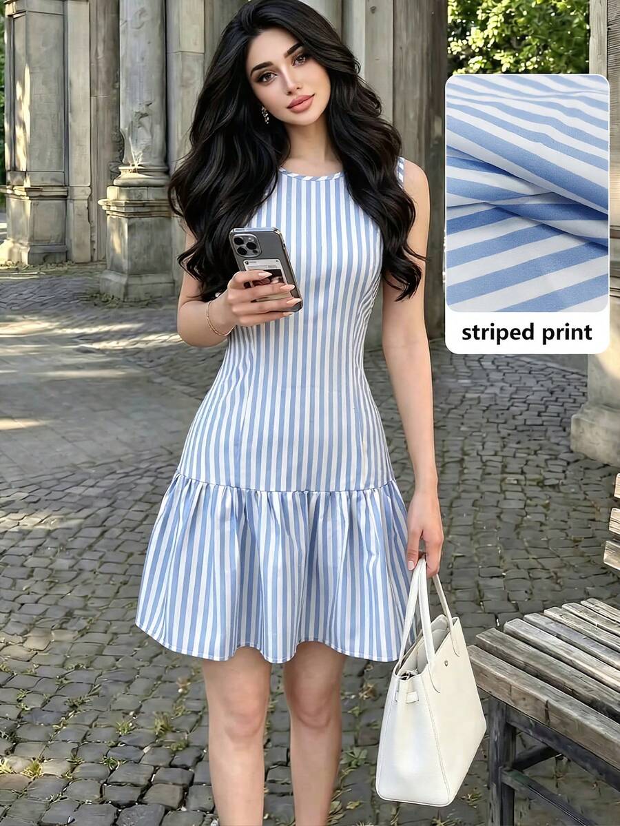 Modelyn 女款梭織直條紋修身無袖浪漫優雅短洋裝，適合外出度假約會，迷人風格