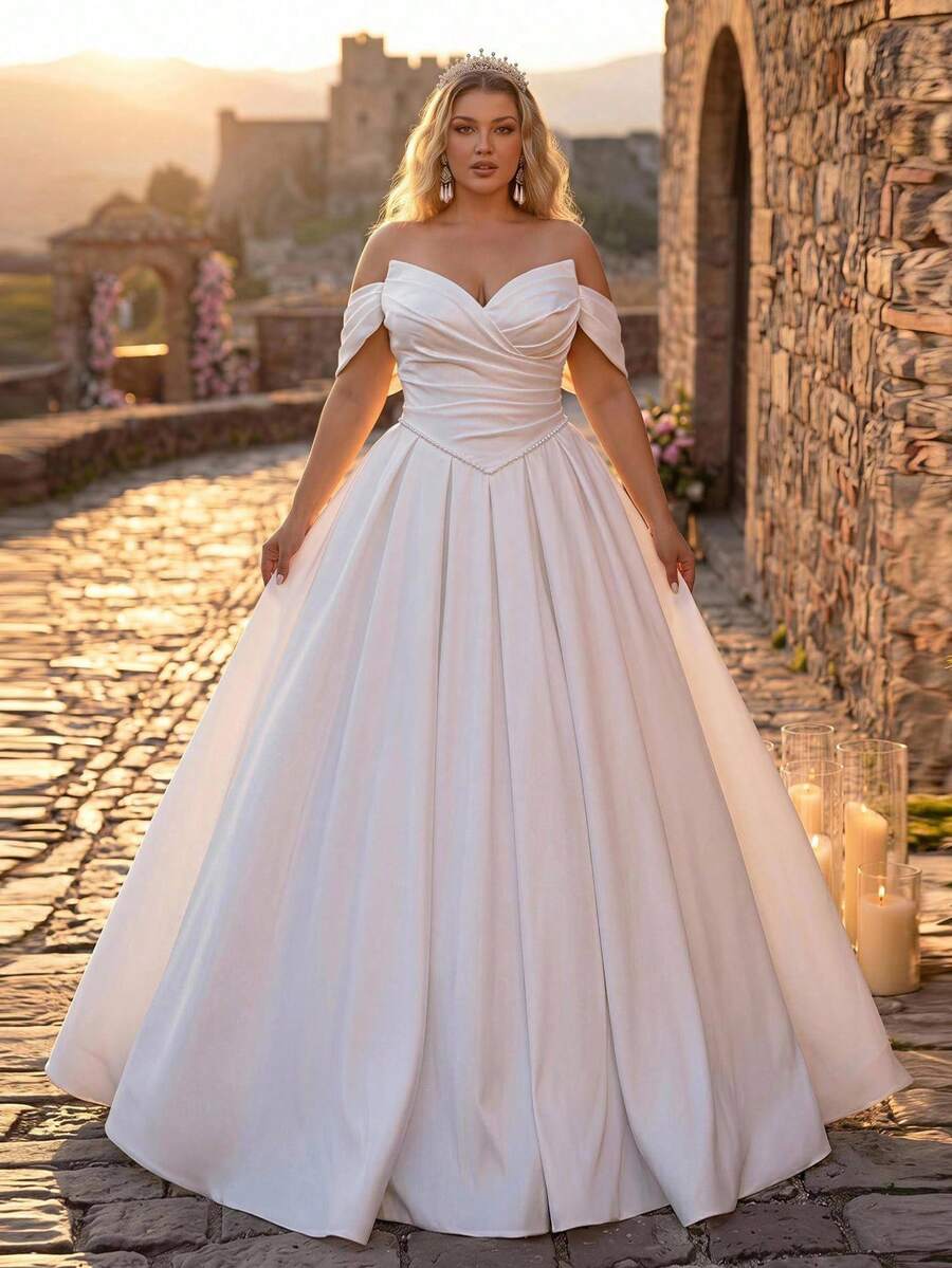 Plus Size Elegant Romantic Court Style White Deep V Neck Hanging Sleeve Sheer Waist Fishbone Decor Luxurious French Lace Patchwork Tulle Large A-Line Ruffled Heavy Work Bridal Wedding Dress - White - View 1