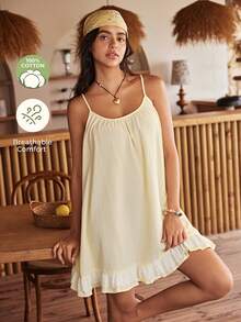 Lullawish Bohemian Pure Cotton Spaghetti Strap Nightgown - Yellow - View 4