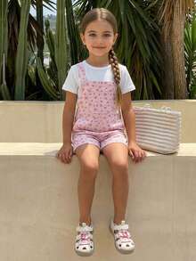 Hapijoa Sleeveless Ditsy Floral Overalls Casual Young Girls Denim Overalls And Jumpsuits - Pink - View 6