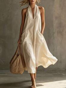 SHEIN Franclia Women's Elegant V-Neck Backless Lace-Up Sleeveless Casual Loose Linen Blend Dress - Apricot - View 5