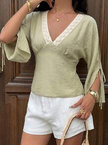 SHEIN SunnyBelle Women's Autumn Sage Green Vintage Elegant Artistic V-Neck Flared Sleeve Commuter Blouse, Suitable For Vacation, Travel, Music Festival, Beach Brunch - Green - View 6