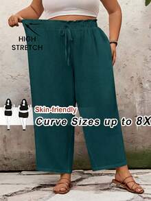 SHEIN CURVE+ 大码休闲纯色宽松长裤，适合夏季/乡村/海滩度假穿着/海滩装/沙滩服饰 - 墨綠色 - 查看 3