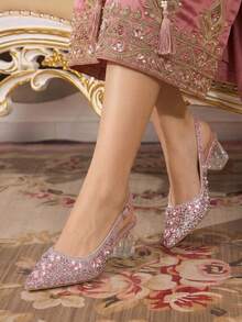 CUCCOO TILAWA Women's Crystal And Glass Rhinestone Pointed Pink High-Heeled Shoes, Suitable For Going Out, Banquets, Parties And Other Activities - Dusty Pink - View 8