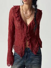 Bohemela 波西米亞風休閒純色蕾絲針織荷葉邊長袖女版上衣 - 酒紅色 - 查看 2