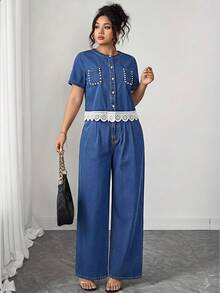 GlowEve CURVE Plus Size Women's Contrast Lace Short Sleeve Shirt And Casual Decent Denim Pants 2 Pieces Set Formal Brunch Light Blue Dusty Blue Summer - Blue - View 4