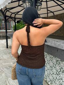 Firerie Top sexy de talla grande con espalda descubierta y cuello halter para vacaciones - Café integral - Ver 2
