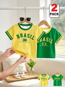 SHEIN 2pcs Girls' American Sports Short Sleeve T-Shirts, Brazil Letter & Flag Print Contrast Ribbed Crew Neck Thin Tops, Suitable For Ball Games, Outings, Daily Wear, Spring, Summer, Early Autumn - Multicolor - View 5