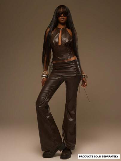 MUSERA Brown PU Folded Waist Lace Up Trousers
